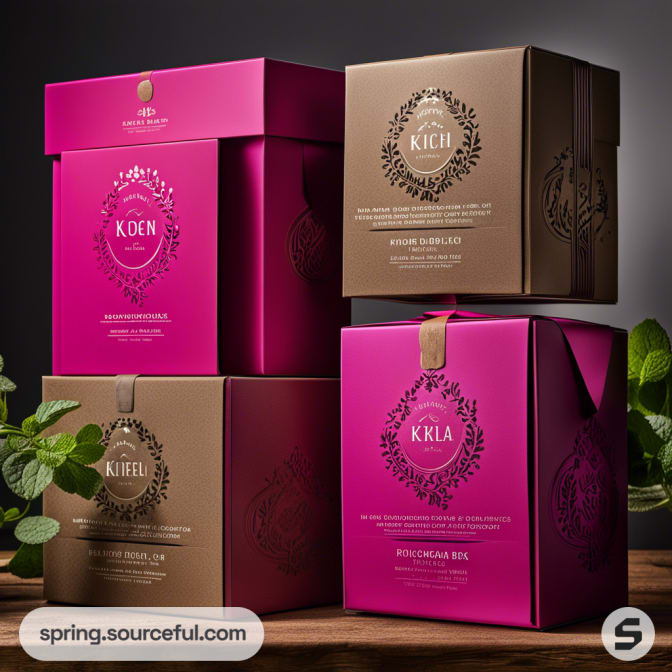 Stacked magenta and brown boxes with floral details on a dark surface.