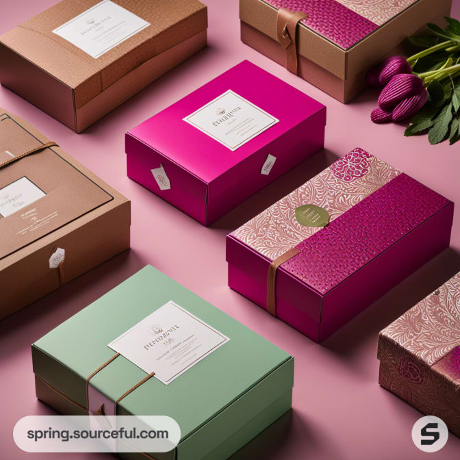 Assorted boxes in pink, teal, and brown with floral patterns, placed diagonally on a pink surface.