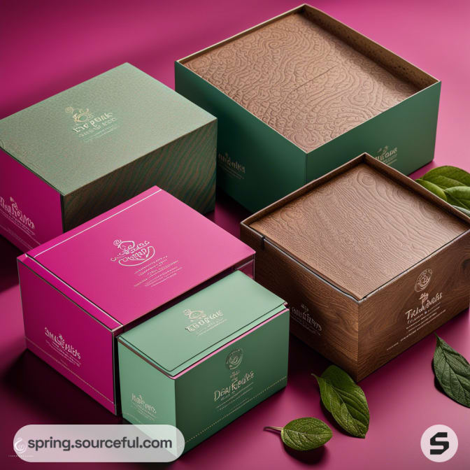 Textured boxes in pink, teal, and brown on a pink background with green leaves.