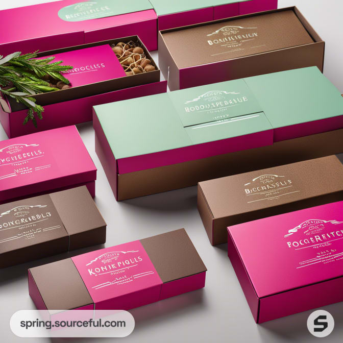 Array of pink, teal, and brown boxes in open and closed positions with herbs on a white surface.