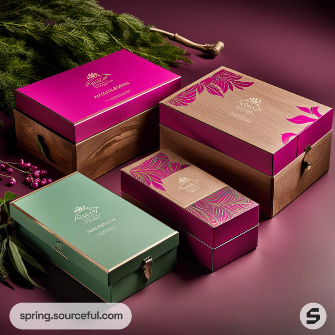 Decorative boxes in pink, teal, and brown with leaf and floral designs on a pink and brown background.
