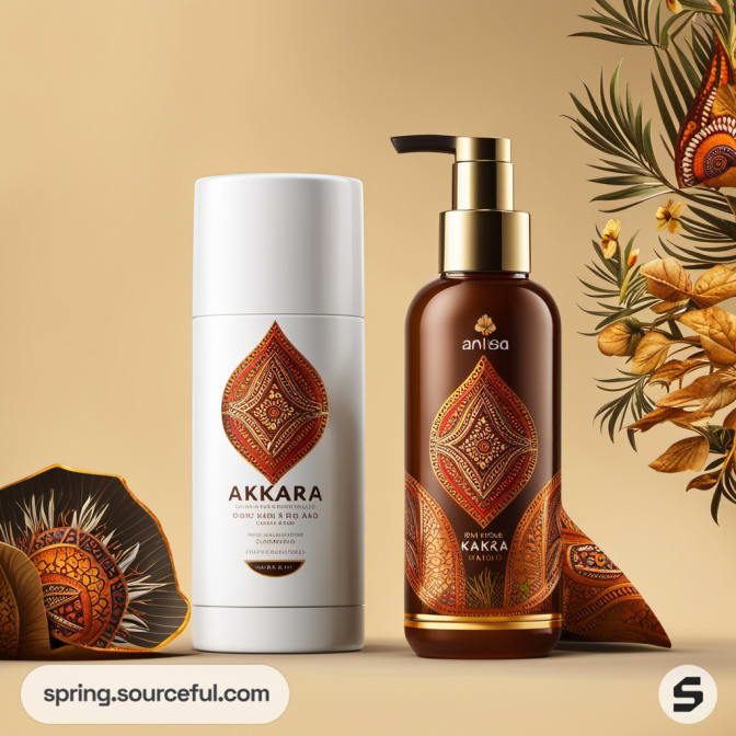 Pump bottle and cylindrical container with intricate red designs on a beige background.