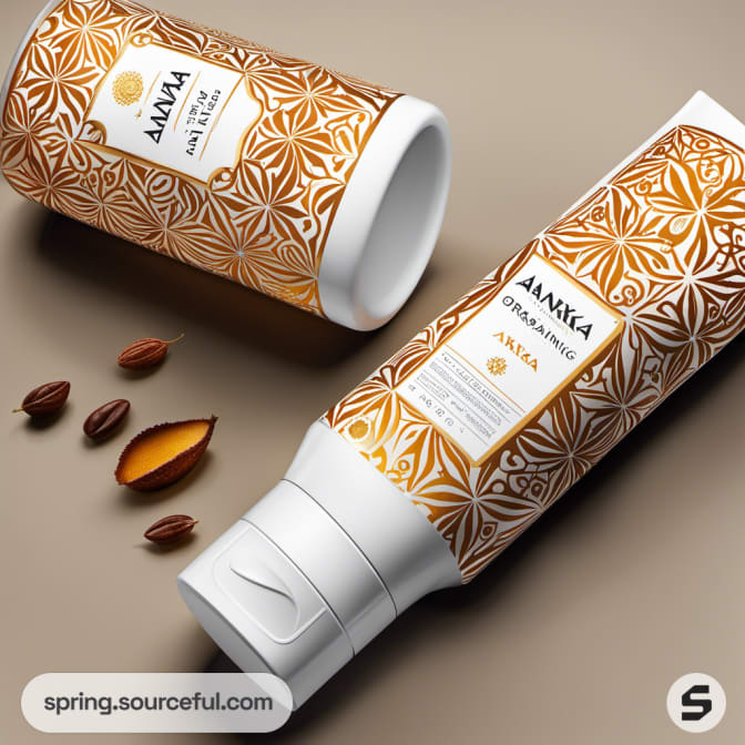 Two orange patterned bottles of argan oil hair care products with almond-like nuts scattered around on a beige surface.