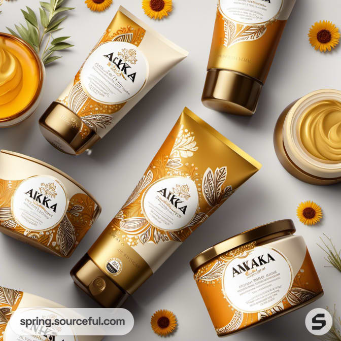 Array of skincare products with golden and white packaging featuring floral patterns, on a textured background.