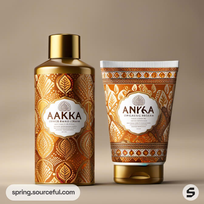 Gold ornate bottle and tube with intricate leaf pattern on brown-beige background.