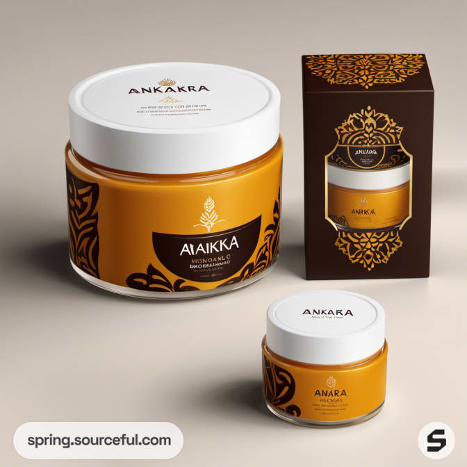 Cosmetic jar and box with intricate brown and gold floral design on a white background.