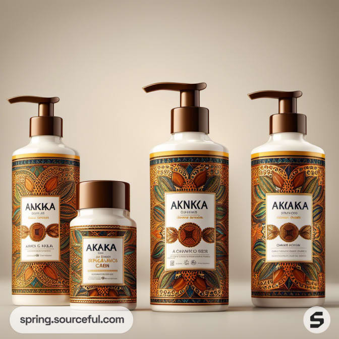 Set of four Akaka skincare bottles with pump and jar lids, featuring brown and orange floral designs on brown background.