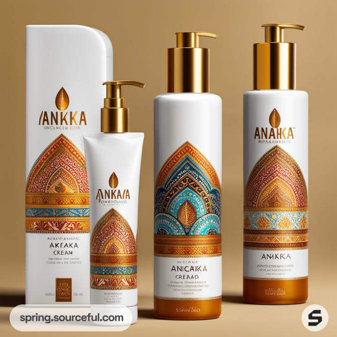 Ornate skincare bottles with gold pumps, featuring intricate patterns inspired by Middle Eastern design.