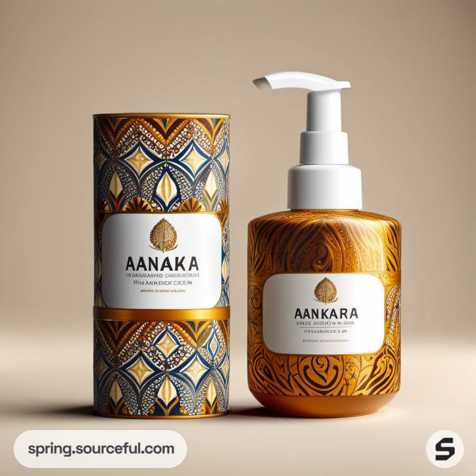 Patterned pump bottle and cylinder box with ornate designs on a beige background.