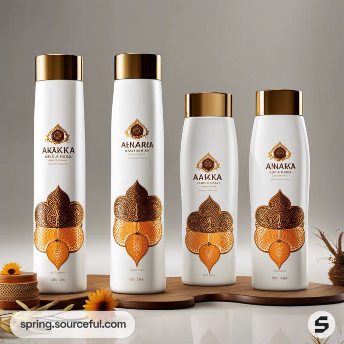 Four white bottles with brown and orange floral designs and gold caps on a wooden surface.