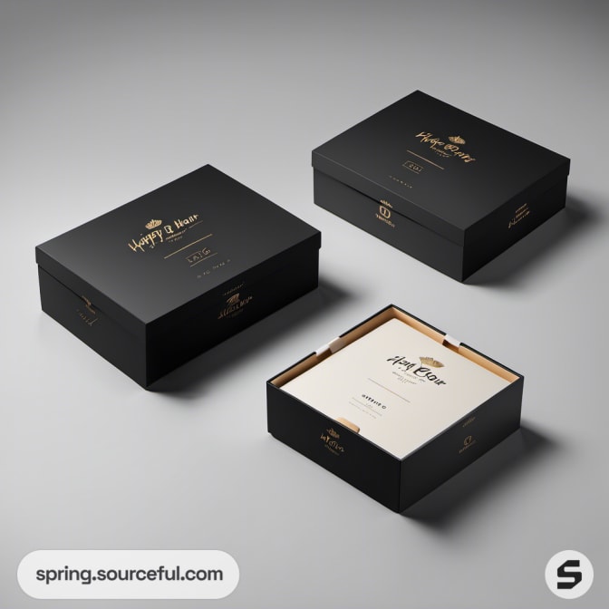 Black gift boxes with gold lettering, some open showing white interior.