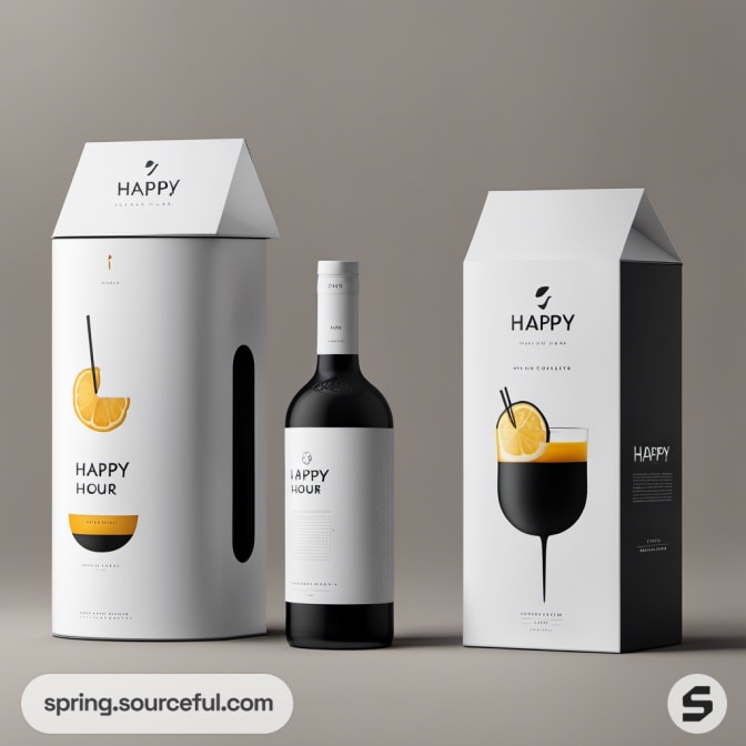 White cylinder and rectangular boxes with a wine bottle and cocktails image.