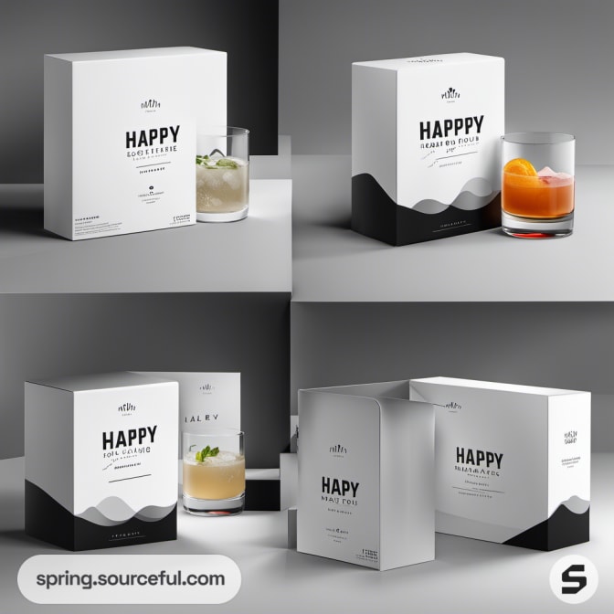 Four white and black boxes with glasses of different cocktails.