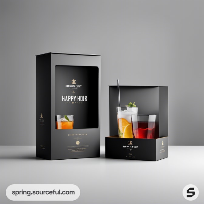 Black box with transparent front displaying colorful cocktails.