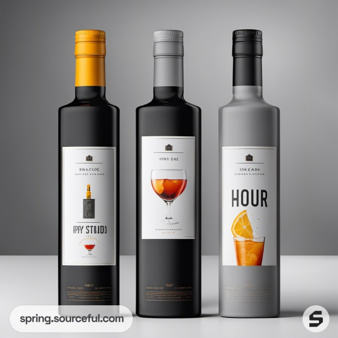 Three wine bottles with illustrated labels of cocktails.