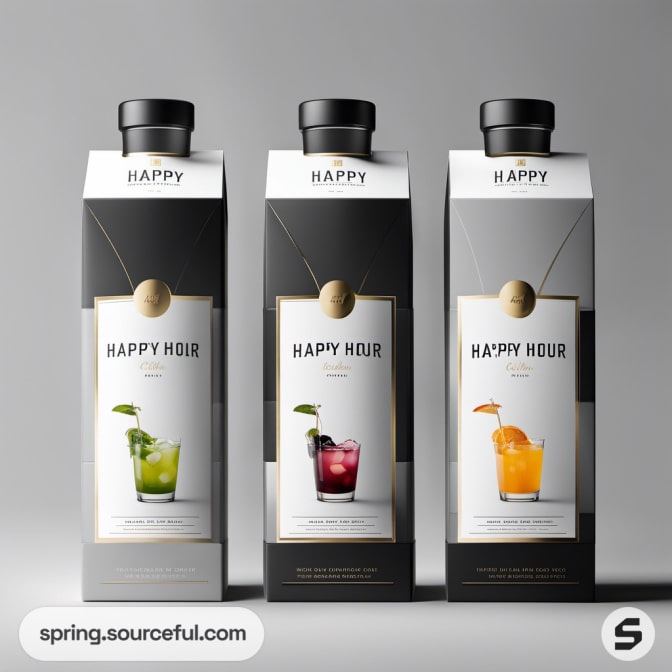 Three tetra packs with cocktail images and "Happy Hour" text.