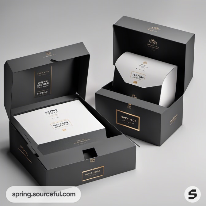 Luxurious black opened boxes with white interior packaging.