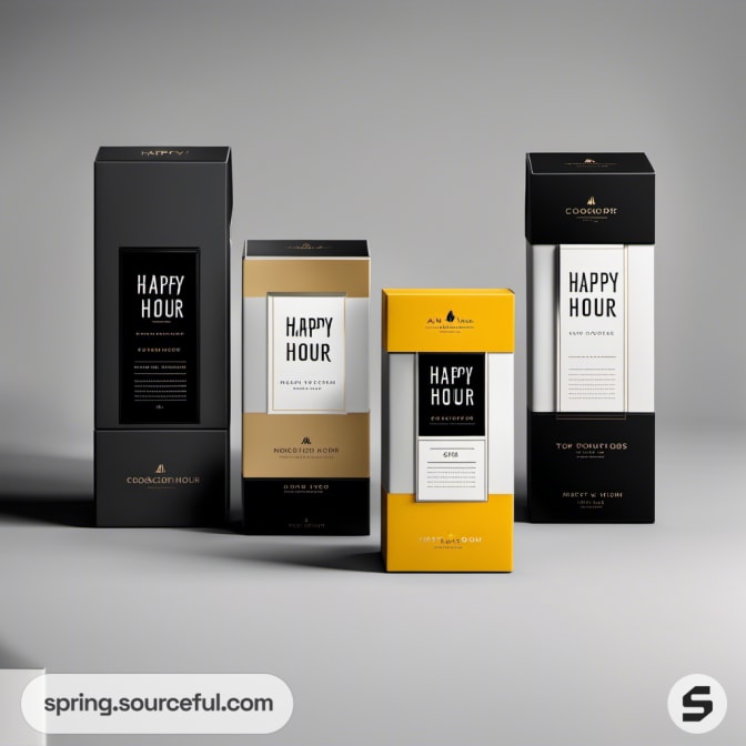 Columnar boxes with "Happy Hour" text in black and gold.