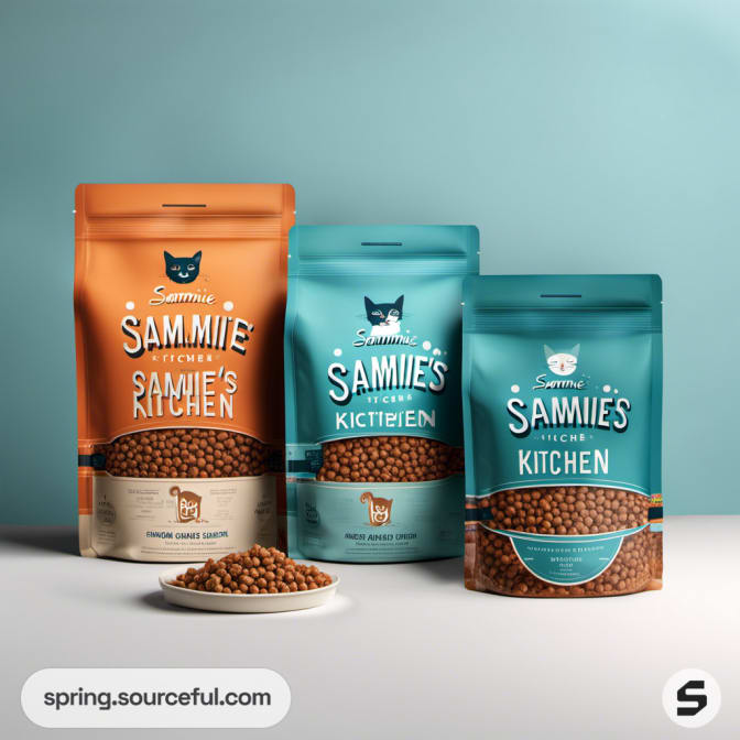 Three resealable pouches in different colors with a bowl of kibble.
