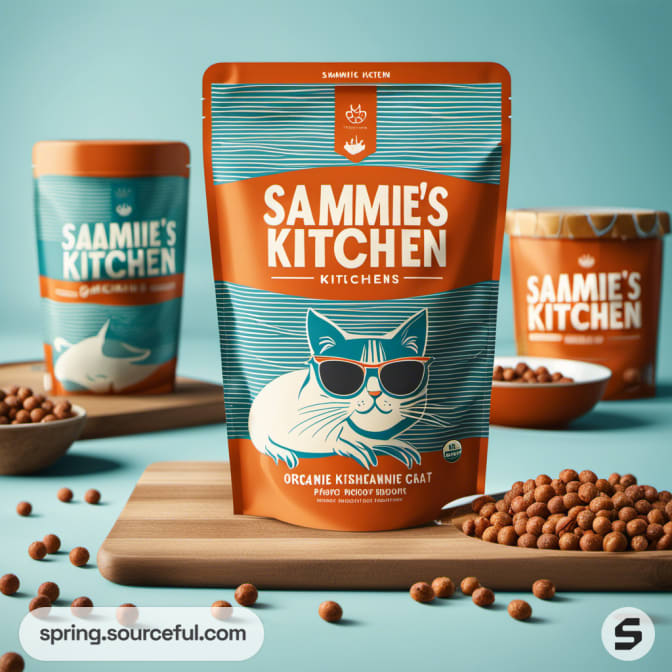 Orange pouch with a cool cat design next to a wooden board and kibble.