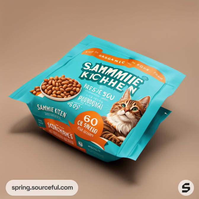 Teal resealable pouch featuring a cat and bowl of kibble on a beige surface.