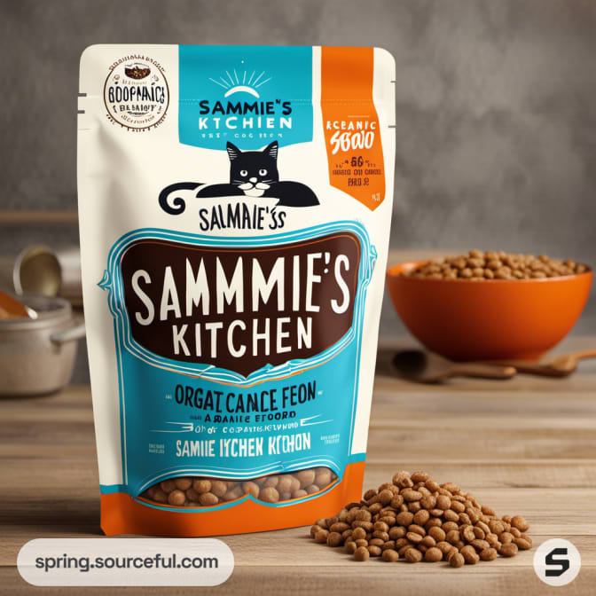 White resealable pouch featuring a black cat with bowls of kibble on a wooden table.