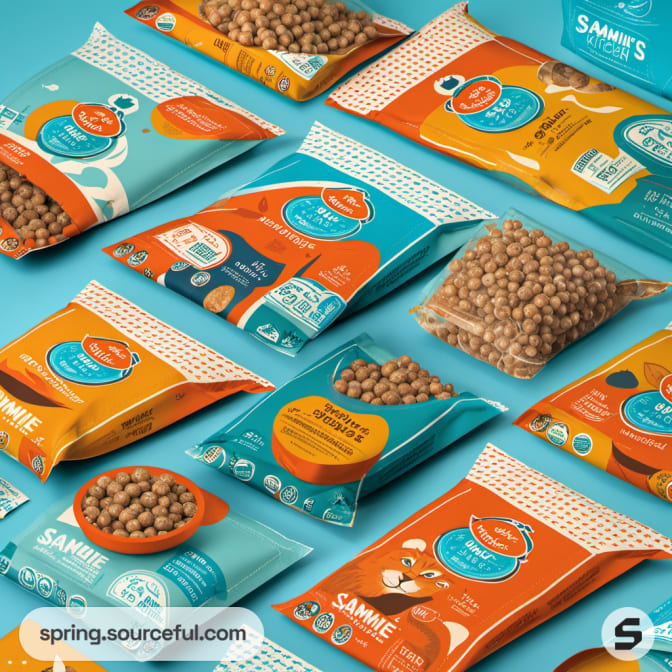 Assortment of colorful pouches filled with cat kibble on a blue surface.