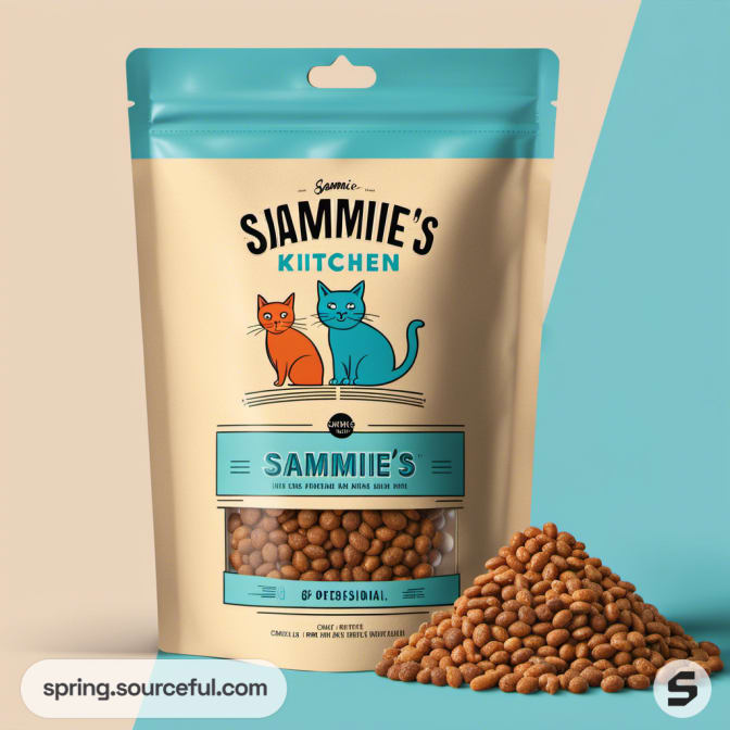 Teal resealable pouch with two cats illustrated, next to a pile of kibble.