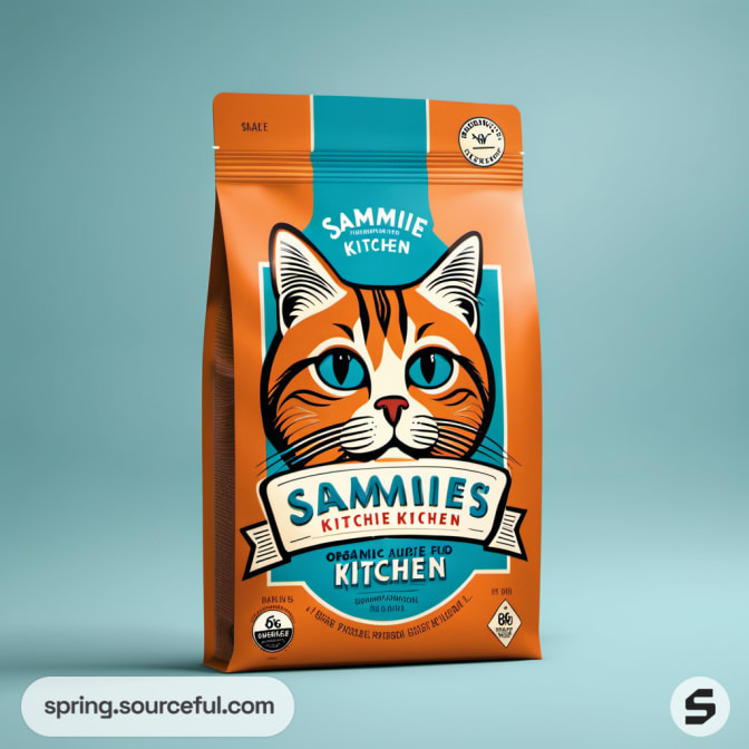 Orange resealable pouch with a large cat face illustration on a teal background.