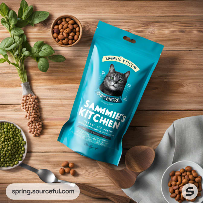 Teal pouch with a black cat design on a wooden table with herbs and kibble.