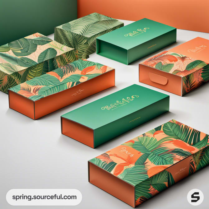 Colorful drawer boxes with green and orange leaf patterns and plain green lids, displayed on a white surface.