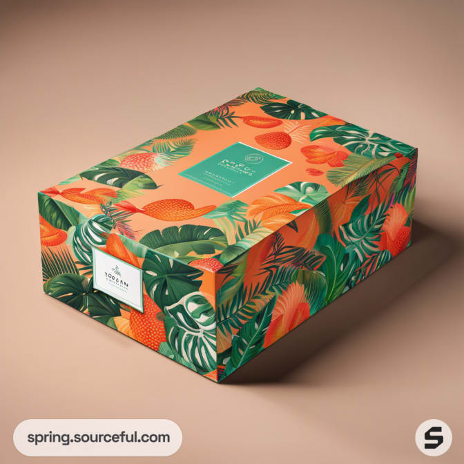 Decorative box with tropical fruit and leaf design on an orange background.