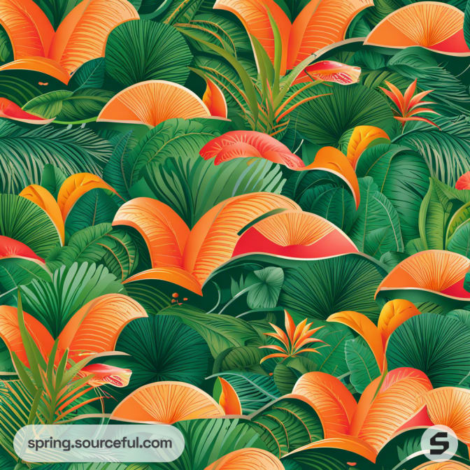 Vibrant tropical foliage with green leaves and orange flowers, creating a lush jungle design.