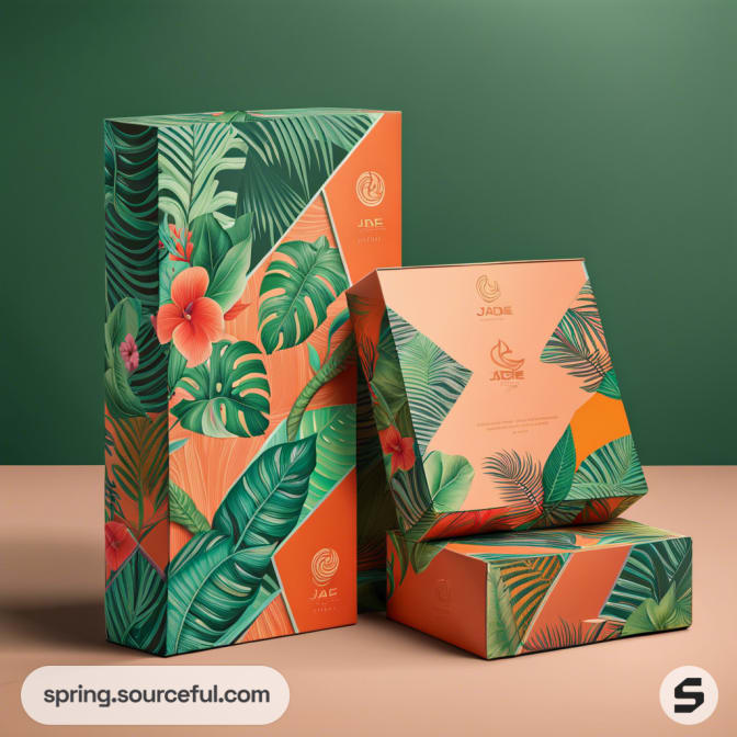 Tropical themed boxes with vibrant leaf and flower patterns on green and orange backgrounds.