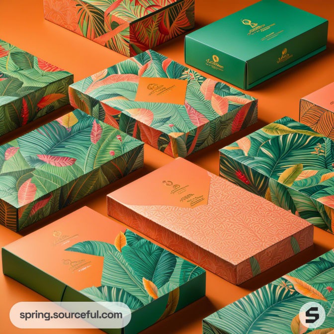 Colorful boxes with tropical leaf patterns arranged on an orange surface.