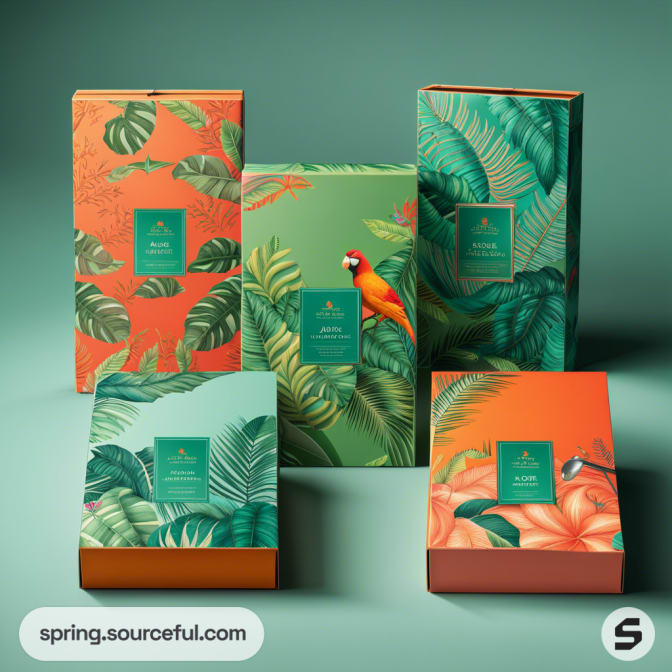 Colorful boxes with tropical leaf and parrot designs on a teal background.