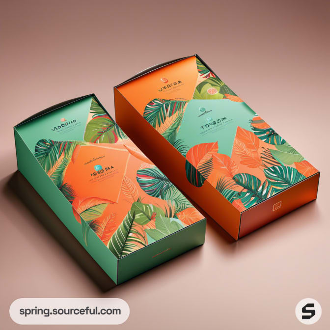 Two tropical themed rectangular boxes in green and orange with leaf patterns on a beige background.