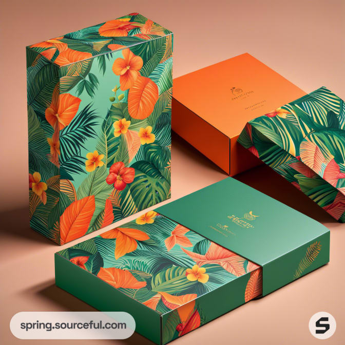 Colorful tropical-themed rectangular boxes with floral and leaf patterns on a neutral background.