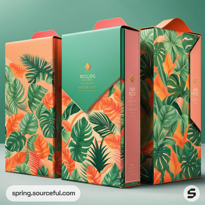 Tropical-themed rectangular packaging with green and orange leaf patterns and a handle on top.