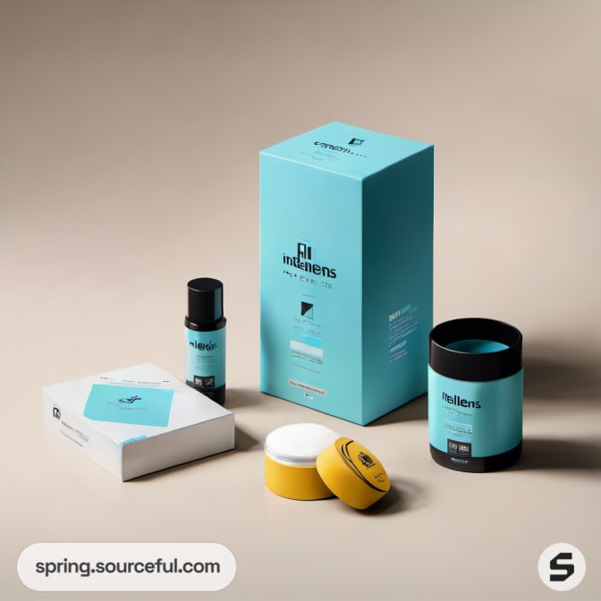 Teal skincare packaging with cylindrical and rectangular boxes.