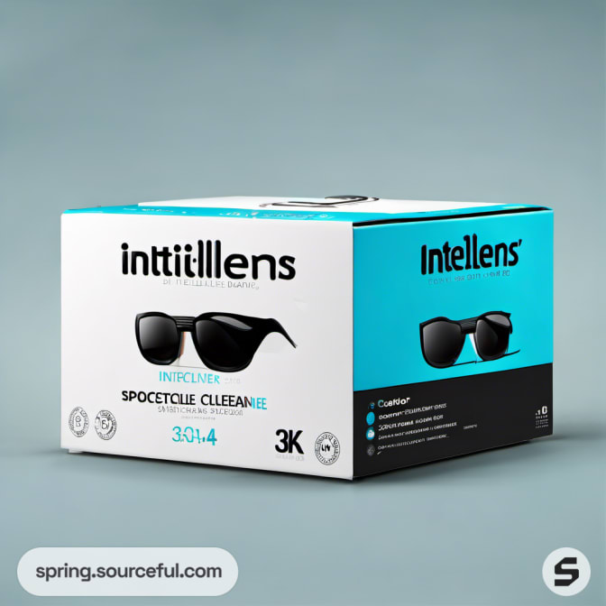 Box for sunglasses with teal and white design.