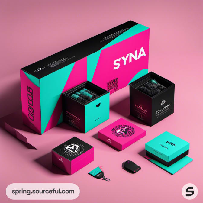 Colorful geometric packaging in pink and teal for various product boxes on a pink background.