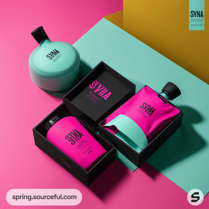 Black, teal, and pink containers and boxes with bold typography on a pink and teal background.