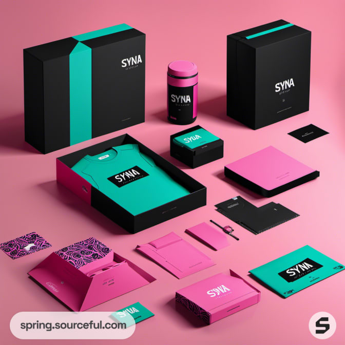 Assorted black, teal, and pink packaging for bottles and boxes arranged on a pink backdrop.