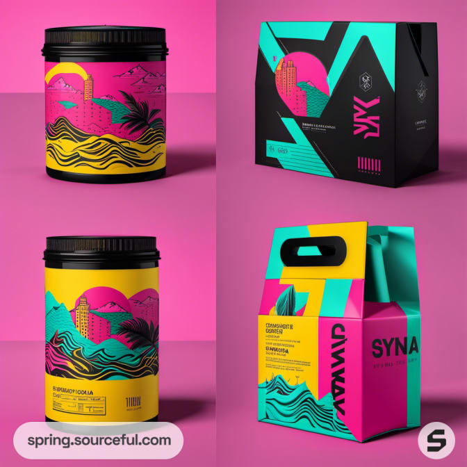 Vivid pink, teal, and black product packaging featuring abstract designs and patterns.