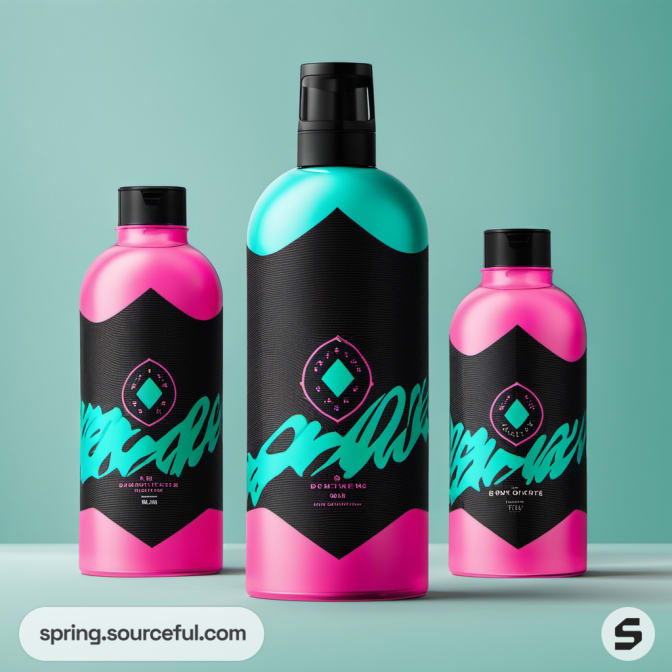 Three pink and teal shampoo bottles with black geometric labels on a teal background.