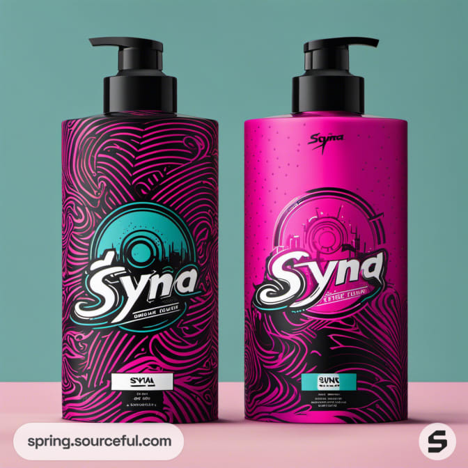 Two large pump bottles with pink, teal, and black artistic designs on a teal backdrop.