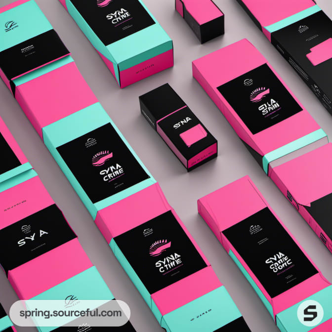 Close-up of pink and teal skincare packaging with modern black typography.