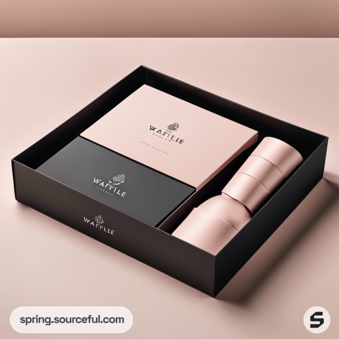 Black box with pink and black items, including a cylindrical container and two rectangular boxes on a beige surface.