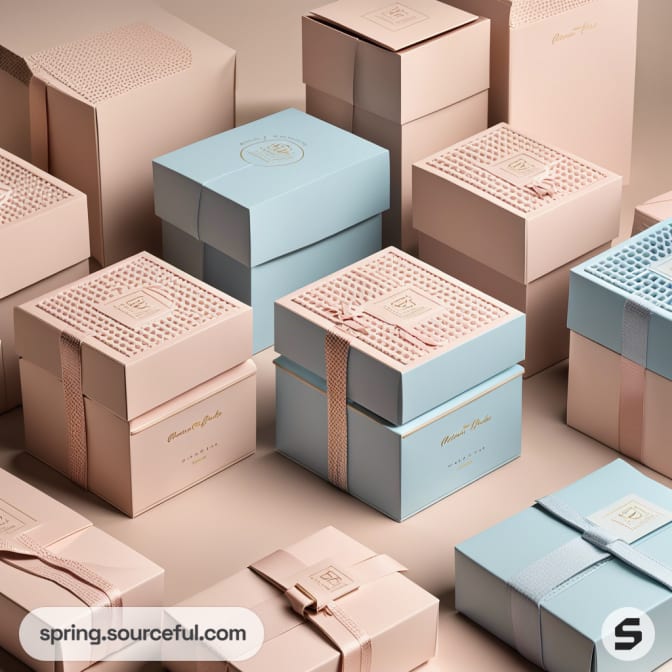 Assorted pink and blue gift boxes with ribbons and textured lids on a beige surface.